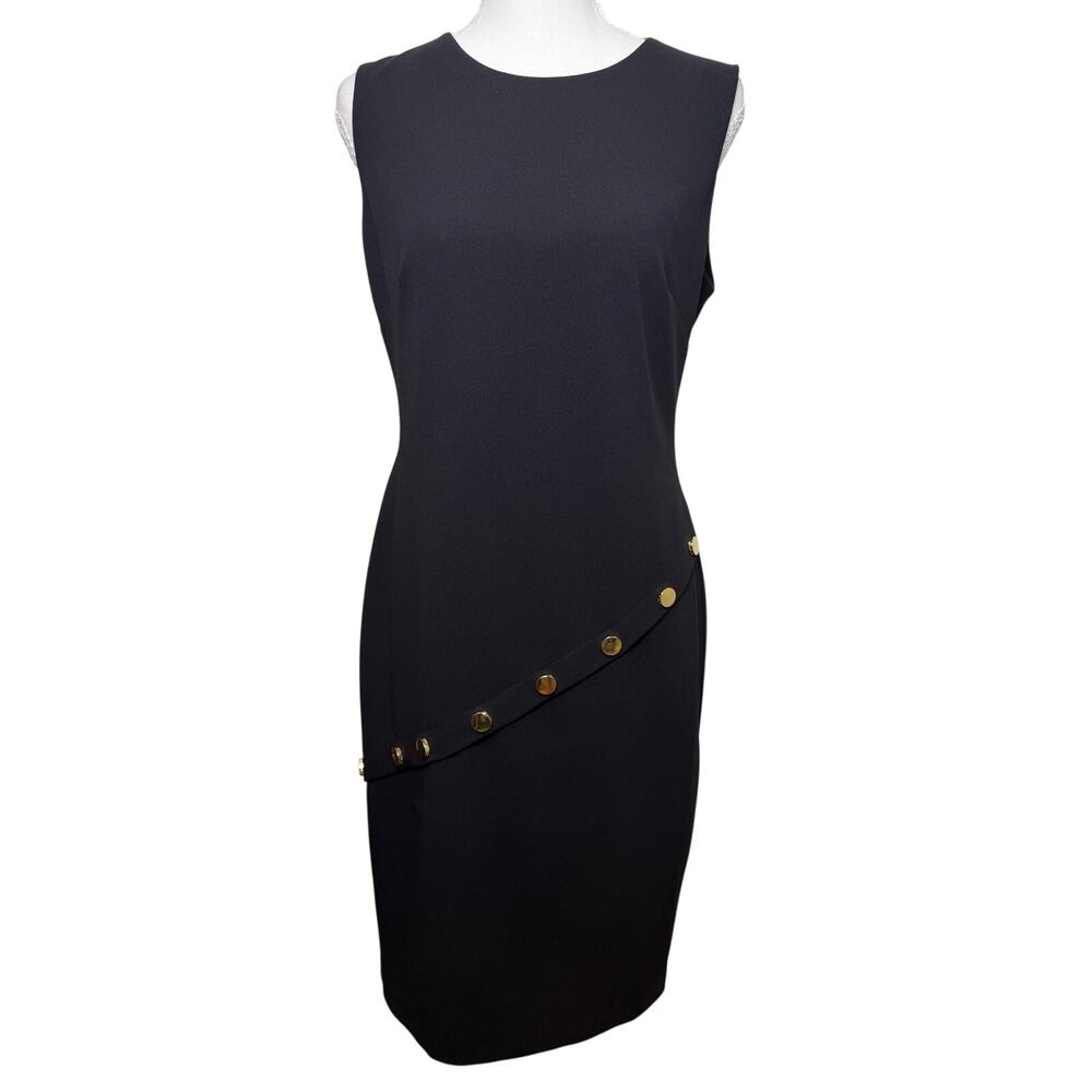 Calvin Klein Black Sleeveless Sheath Dress Gold Button Detail Back Zip